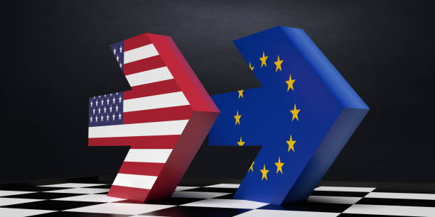 istock American and Europe flags with arrow on chessboard. 1298621775