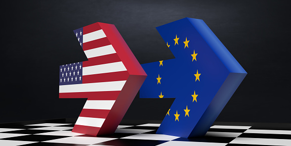 Politics, governments and global relations concepts. 3D rendered American Flag and European flag covered bold arrows standing standing on a chess board on same direction.