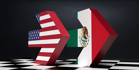 Politics, governments and global relations concepts. 3D rendered American Flag and Mexican flag covered bold arrows standing standing on a chess board on same direction.