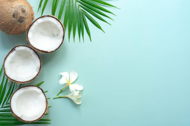 istock Tropical green palm leaf and cracked coconut on Green background. 1298624360