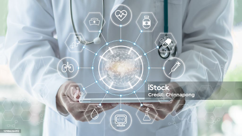 Medical tech science, innovative iot global healthcare ai technology, World health day with doctor on telehealth, telemedicine service analyzing online on EHR, EMR patient digita data on tablet in lab Healthcare And Medicine Stock Photo