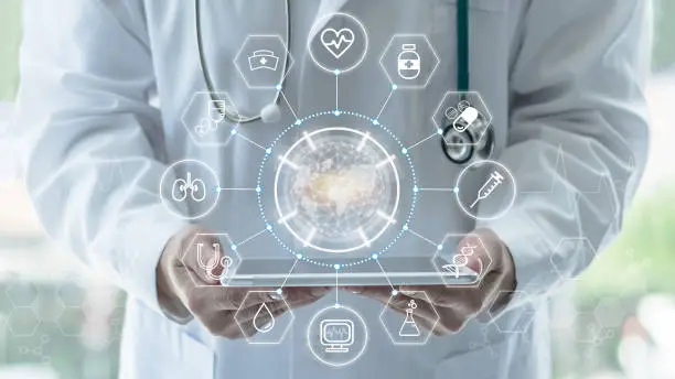 Photo of Medical tech science, innovative iot global healthcare ai technology, World health day with doctor on telehealth, telemedicine service analyzing online on EHR, EMR patient digita data on tablet in lab