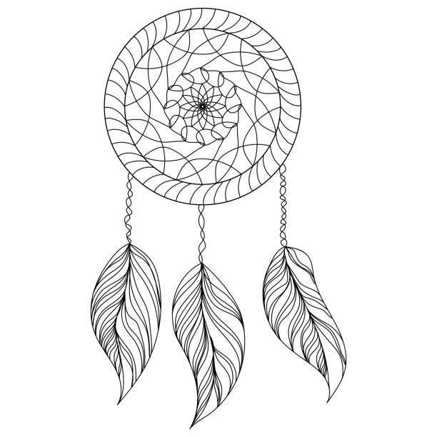 illustrazioni stock, clip art, cartoni animati e icone di tendenza di pagina libro da colorare dreamcatcher, plesso ornato in cornice rotonda, illustrazione contorno antistress zen - dreamcatcher symbol mystery catching