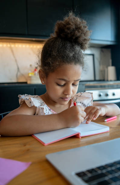 istock Little girl doing homeschool with laptop. 1298631815