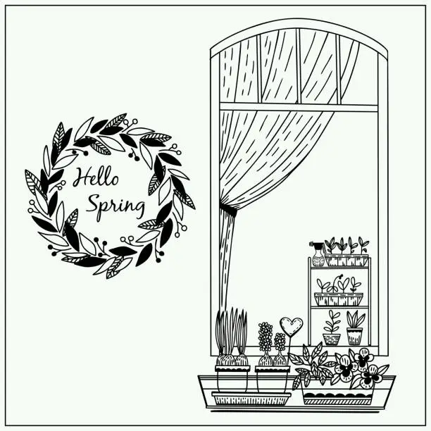 Vector illustration of Window flower boxes. Cute doodle graphic illustration. Hand drawn elements.