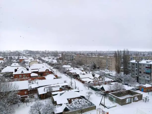 Cityscape of the small winter russian city in Krasnodar region