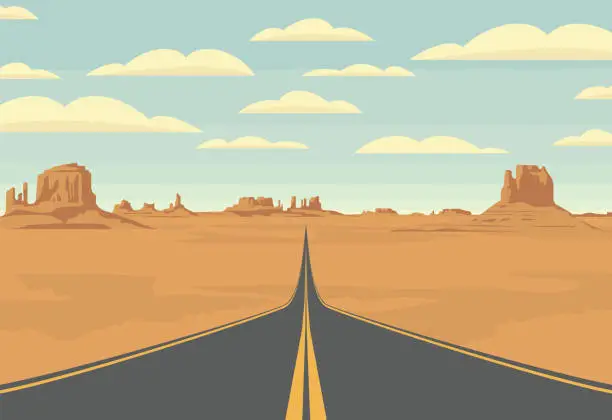 Vector illustration of western desert landscape with empty straight road