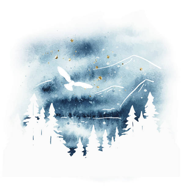 illustrations, cliparts, dessins animés et icônes de paysage magique de vecteur d’aquarelle dans les couleurs bleues, dorées et blanches. forêt, lac, montagnes et hibou sous le ciel nocturne. illustration dessinée à la main - lake night winter sky