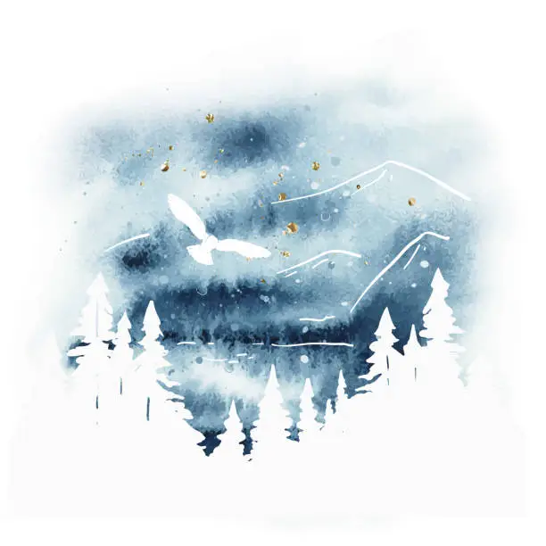 Vector illustration of Watercolor magic vector landscape in blue, golden and white colors. Forest, lake, mountains and owl under night sky. Hand drawn illustration