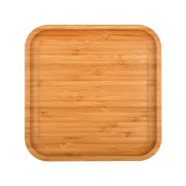 Brown wooden tray plate isolated on white