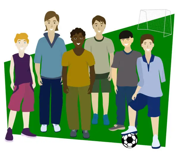 Vector illustration of Portrait of friends. Multi-ethnic football team.