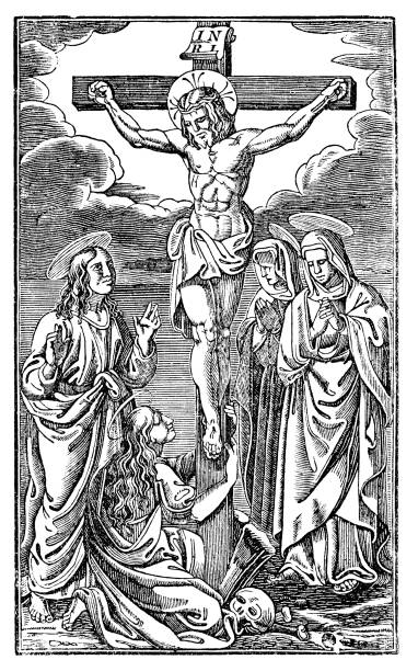 Crucified Jesus Christ dies on the cross surrounded by women like Mary Magdalena or Virgin Mary.