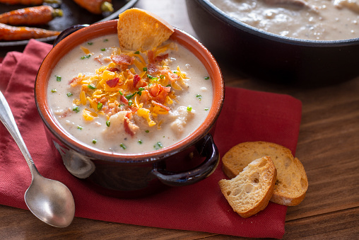Healthy Cauliflower Soup with Bacon, Cheddar Cheese and Chives