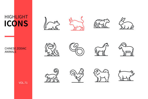 ilustraciones, imágenes clip art, dibujos animados e iconos de stock de animales del zodiaco chino - iconos de estilo de diseño de línea establecidos - primate