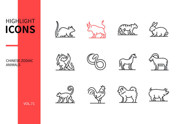Chinese zodiac animals - line design style icons set Chinese zodiac animals - line design style icons set. Traditions and New Year national symbols, astrology and horoscope. Rat, ox, tiger, rabbit, dragon, snake, horse, goat, monkey, rooster, dog, pig rat stock illustrations