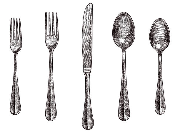 Cutlery set vector drawings Old style illustration of forks, spoons and a knife spoon stock illustrations