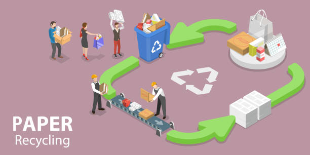 ilustrações, clipart, desenhos animados e ícones de ilustração conceitual de vetor plano isométrico 3d do processo de reciclagem de papel. - recycling paper newspaper garbage