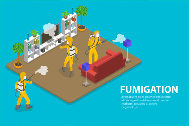 3D Isometric Flat Vector Conceptual Illustration of Disinfection and Cleaning. 3D Isometric Flat Vector Conceptual Illustration of Disinfection and Cleaning Service, Prevention Against Coronavirus COVID-19, Pest Control Services. office fogging stock illustrations
