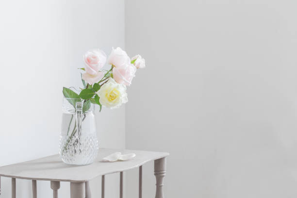 istock beautiful roses in glass jug on white background 1298652468