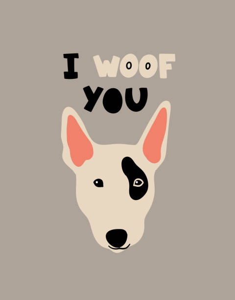 Vector portrait of Bullterrier. Cartoon illustration with dog and lettering 'I woof you' for print, poster, sticker or card. Vector portrait of Bullterrier. Cartoon illustration with dog and lettering 'I woof you' for print, poster, sticker or card. bull terrier stock illustrations