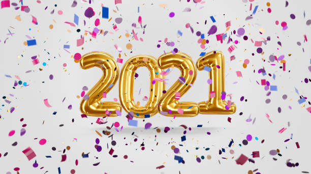 istock 3d render Inscription 2021 from golden balloons on a white background with candy 1298652803