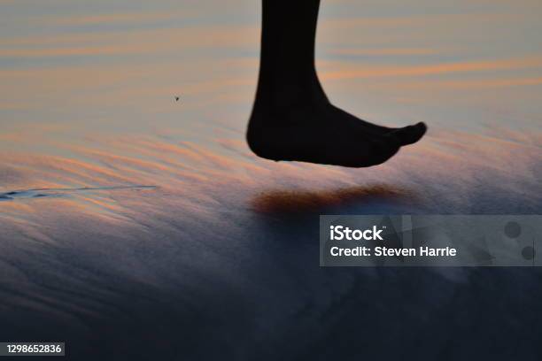 Beach Sand At Sunset With Runners Foot Stock Photo - Download Image Now - Beach, Color Image, Horizontal