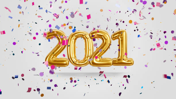 istock 3d render Inscription 2021 from golden balloons on a white background with candy 1298652925