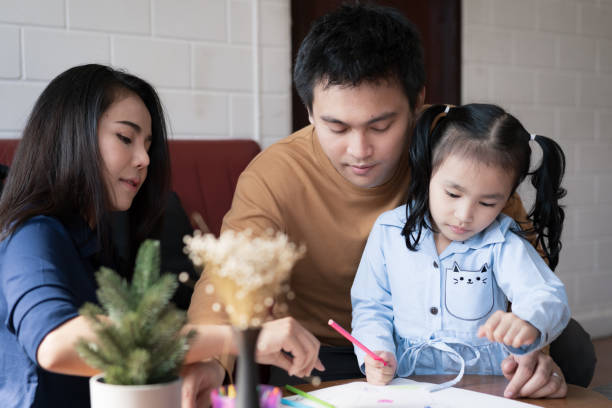 istock Asian parents teaching child how to draw at home 1298653820