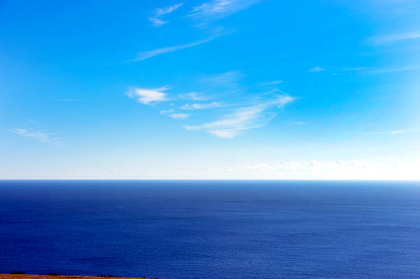 Winter sea and horizon scene, from Isle of Purbeck, England January winter sunshine and clear blue sky along the Isle of Purbeck, Old Harry Rocks and Poole Harbour, looking out to sea from part of the famous landmark of the eastern Jurassic Coast with its chalk cliffs and coastline around Handfast Point Dorset, Southern England, UK old harry rocks stock pictures, royalty-free photos & images