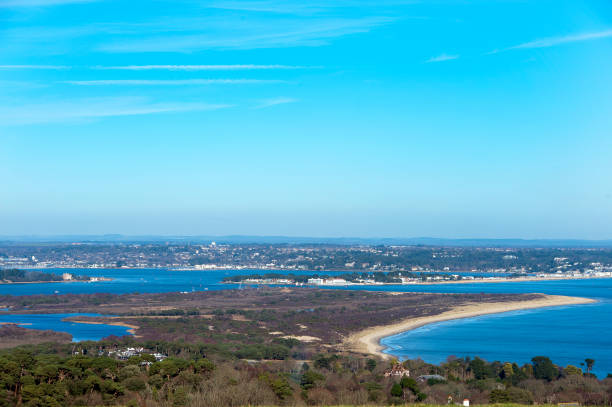 Winter scene across Poole Harbour entrance, Isle of Purbeck, England January winter sunshine and clear blue sky along the Isle of Purbeck, Old Harry Rocks and Poole Harbour, part of the famous landmarks of the eastern Jurassic Coast with its chalk cliffs and coastline around Handfast Point from Ballard Down, Dorset, Southern England, UK studland heath stock pictures, royalty-free photos & images