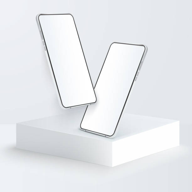 istock Two white realistic smartphone mockup on square podium. 3d mobile phones with blank white screen. Modern cell phones template on light background. Illustration of device 3d screen 1298659512
