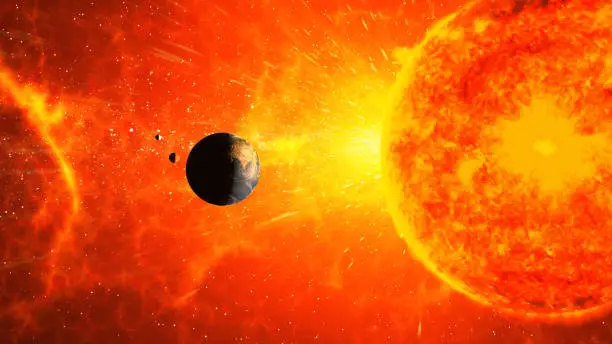 Red hot sun with corona ejection towards planet earth