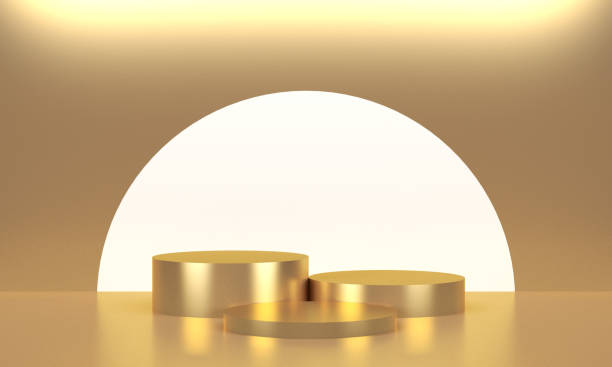 istock Three golden round displays for product. 3d rendering 1298661690