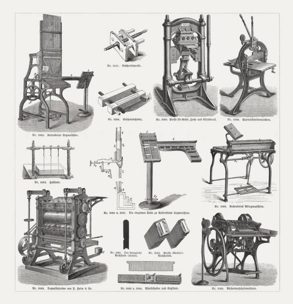 Printing equipment in the 19th century, wood engravings, published 1893 Printing equipment in the 19th century: Typesetter, printing press, paper cutting machine, calender, movable type, stapler. Explanations in German. Wood engravings, published in 1893. book binding illustrations stock illustrations