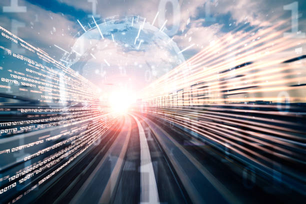 istock Digital data flow on road with motion blur to create vision of fast speed transfer 1298664417