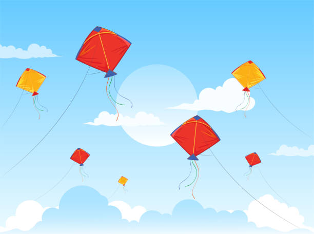 Colorful kites flying in the clouds. Colored kites and clouds in the bright blue sky illustration. Colorful kites flying in the clouds. Colored kites and clouds in the bright blue sky illustration. sky kite stock illustrations