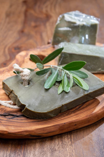 Blocks of handmade bio vegetal natural olives and bay leaf soap Green blocks of handmade bio vegetal natural olives and bay leaf soap from Provence, France savon stock pictures, royalty-free photos & images