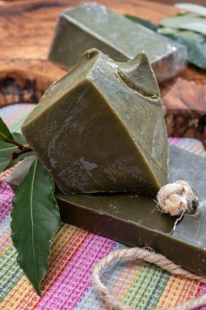 istock Blocks of handmade bio vegetal laurel bay leaf soap 1298664720