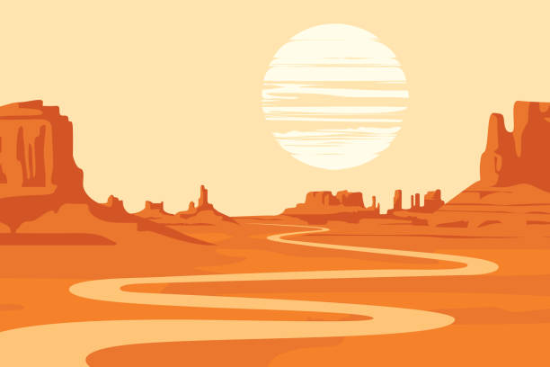 ilustrações de stock, clip art, desenhos animados e ícones de western landscape with deserted valley and river - sunset sun mountain sunrise
