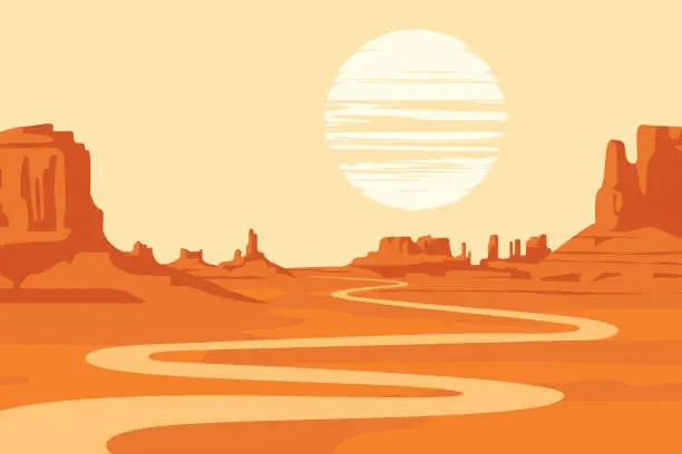 Vector illustration of western landscape with deserted valley and river