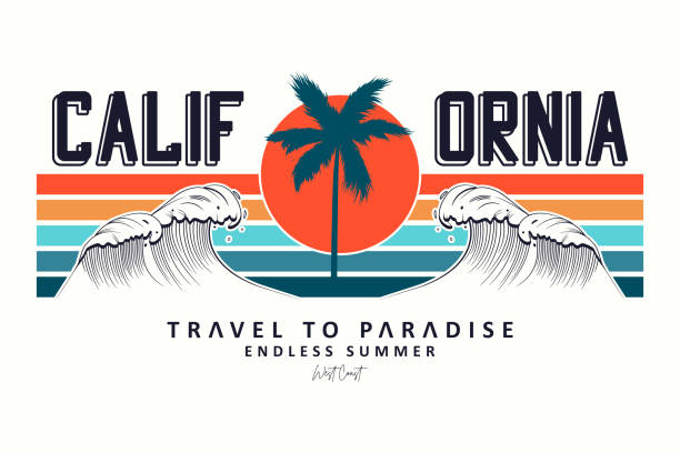 bildbanksillustrationer, clip art samt tecknat material och ikoner med kalifornien slogan för t-shirt typografi med vågor, palmer och sol. - surfing