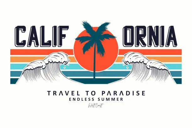 Vector illustration of California slogan for t-shirt typography with waves, palm trees and sun.