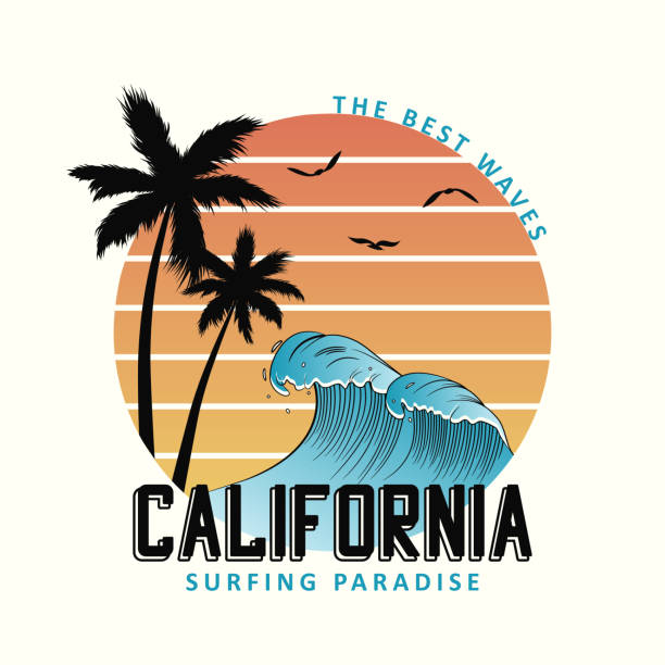 ilustrações de stock, clip art, desenhos animados e ícones de california slogan for t-shirt typography with waves and palm trees. - letter t tree typescript alphabet