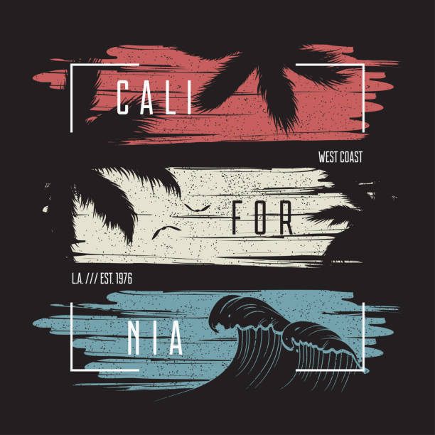 California t-shirt typography with color grunge background, wave and palm trees silhouettes. California t-shirt typography with color grunge background, wave and palm trees silhouettes. Trendy apparel design. Vector illustration. bird borders stock illustrations