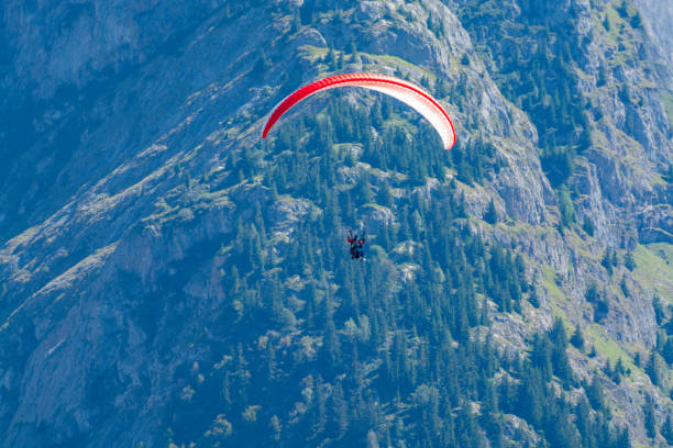 istock Paraplaners in tandem gliding in blue sky and Alpine mountains on paraplane 1298672659
