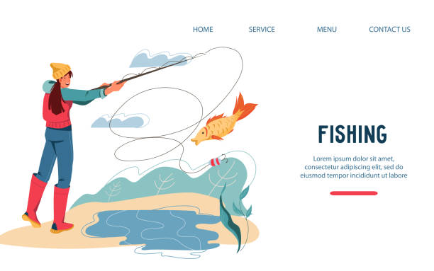 Website template for fishing leisure activity with fisher female cartoon character, flat vector illustration. Website template for fishing leisure activity with fisher female cartoon character, flat vector illustration. Fishery and camping hobby, active recreation in nature concept of web page interface. women fishing stock illustrations