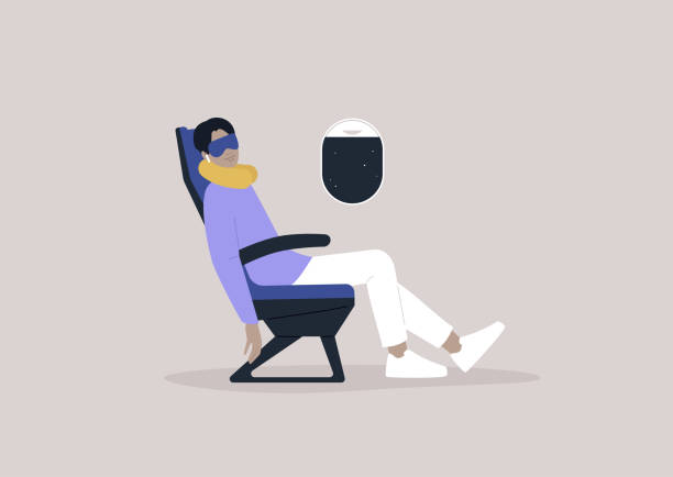 A very relaxed male character sleeping onboard, travel concept, a neck pillow and a mask for comfortable rest during the flight A very relaxed male character sleeping onboard, travel concept, a neck pillow and a mask for comfortable rest during the flight airplane seat stock illustrations