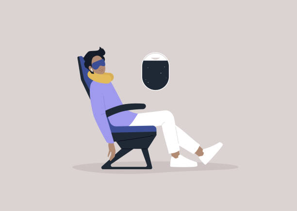 ilustrações, clipart, desenhos animados e ícones de um personagem masculino muito relaxado dormindo a bordo, conceito de viagem, um travesseiro de pescoço e uma máscara para descanso confortável durante o voo - vehicle seat illustrations