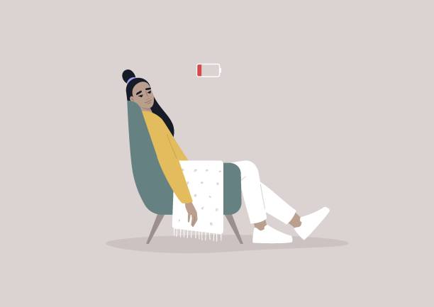 illustrazioni stock, clip art, cartoni animati e icone di tendenza di un giovane personaggio asiatico esausto femminile seduto su una sedia con un indicatore di batteria basso sopra - debolezza