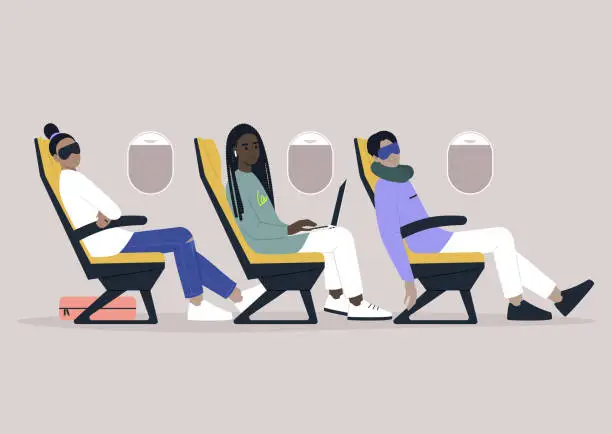 Vector illustration of A diverse group of travelers sleeping and working on board, an airplane inside